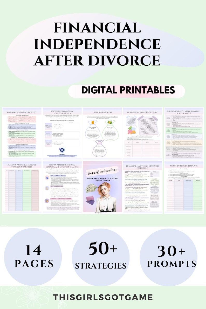 May include: A digital printable guide for financial independence after divorce. The guide includes 14 pages, 50+ strategies, and 30+ prompts. The cover features a woman with pink hair and a pink background.