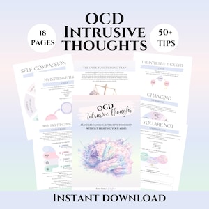 May include: A digital download titled "OCD Intrusive Thoughts" with 18 pages and 50+ tips. The cover features a watercolor brain illustration. The pages contain text and graphics about self-compassion and intrusive thoughts.