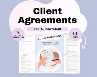Könnte beinhalten: Ein digitaler Download von 5 Vorlagen für Kundenvereinbarungen und 13 Tipps für die Erstellung umfassender Kundenvereinbarungen. Das Bild zeigt einen Vertrag, der mit dem Text "Kundenvereinbarungen" und "Umfassende Muster für Kundenvereinbarungen" unterzeichnet wird.