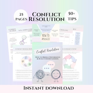 Könnte beinhalten: Ein digitaler Download mit dem Titel "Konfliktlösung" mit 25 Seiten und über 50 Tipps. Das Cover zeigt Illustrationen von zwei Figuren, die sich die Hände schütteln, und Sprechblasen. Der Text "Wie man Unterschiede überbrückt und Verständnis aufbaut" ist ebenfalls sichtbar.