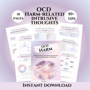 Peut inclure: Téléchargement numérique intitulé "OCD Harm-Related Intrusive Thoughts" avec 18 pages et plus de 50 conseils. La couverture présente un graphique de cerveau. Des pages supplémentaires détaillent les comportements de sécurité, la compulsion et les rituels mentaux.