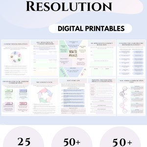 May include: Digital printable workbook titled "Conflict Resolution" with various worksheets and prompts. The image includes the text "25 Pages", "50+ Strategies", and "50+ Prompts". The workbook is designed to help with conflict resolution.