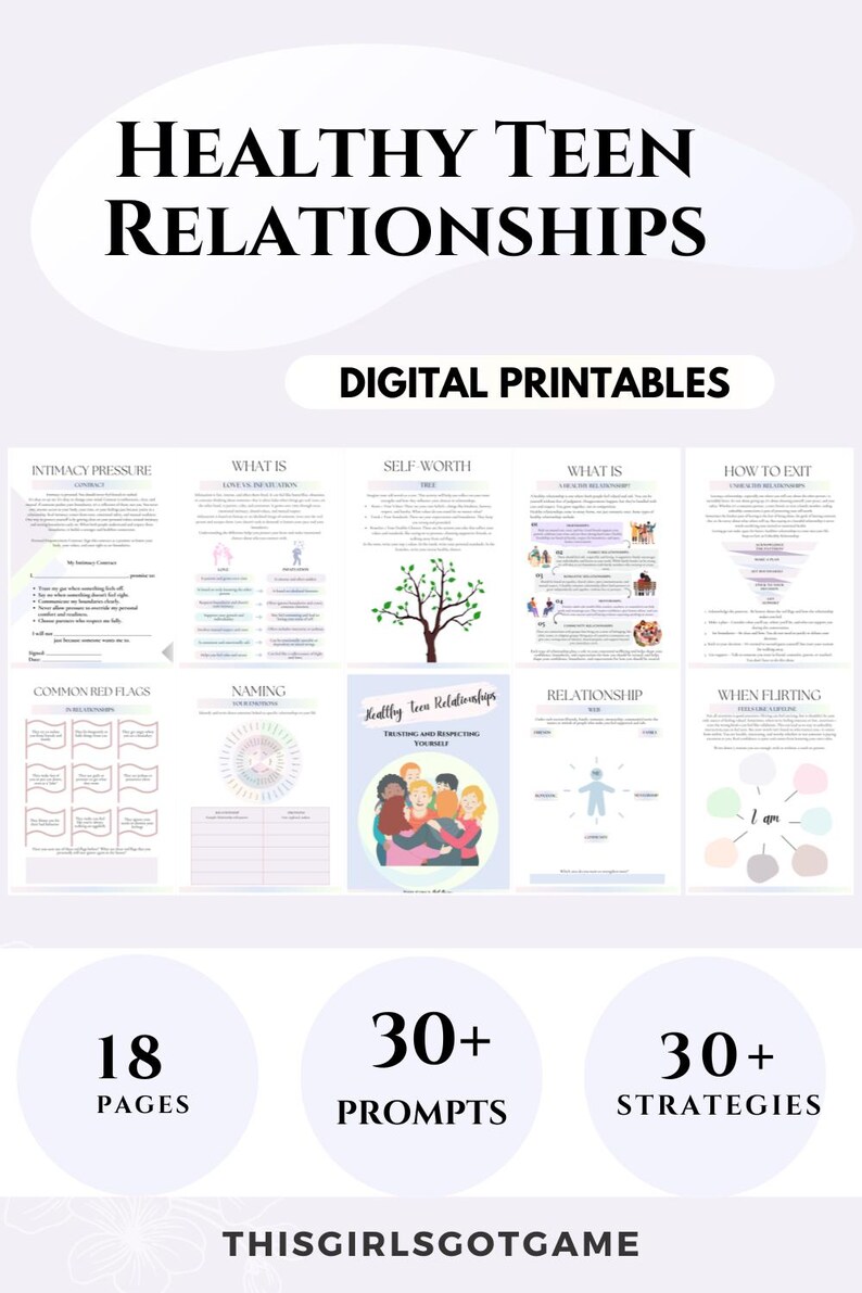 May include: A digital printable resource for teens on healthy relationships. The resource includes 18 pages, 30+ prompts, and 30+ strategies. The resource covers topics such as intimacy pressure, self-worth, red flags, naming, and how to exit unhealthy relationships.