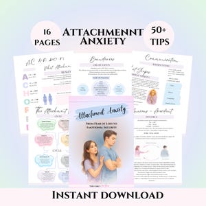 Puede incluir: Una descarga digital titulada "Ansiedad de Apego" con 16 páginas y más de 50 consejos. La portada presenta una pareja y el texto "Del miedo a la pérdida a la seguridad emocional". Otras páginas incluyen diagramas y texto.