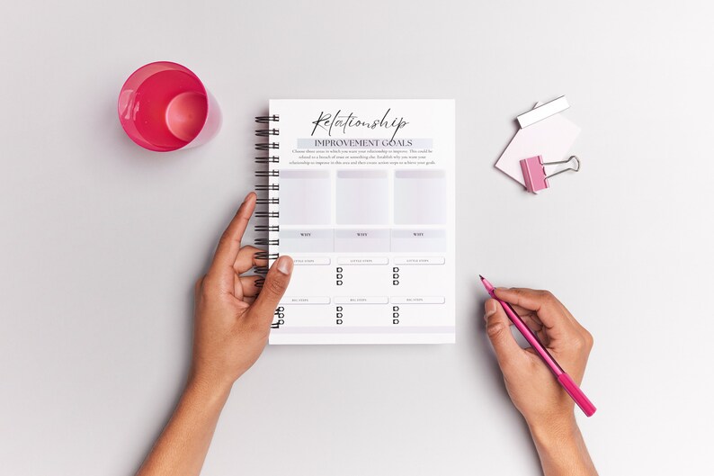Puede incluir: Una libreta blanca de espiral con el t&iacute;tulo "Relationship Improvement Goals" escrito en negro. La libreta tiene tres columnas con los encabezados "What", "Why" y "How". Hay casillas de verificaci&oacute;n debajo de cada encabezado. Una persona est&aacute; sosteniendo la libreta con su mano izquierda y un bol&iacute;grafo rosa con su mano derecha.