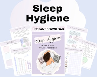 Puede incluir: Una guía digital descargable para la higiene del sueño. La portada presenta a una mujer durmiendo en la cama con el texto "Sleep Hygiene, Embrace Rest, Awaken Refreshed". La guía incluye hojas de trabajo para hacer un seguimiento del sueño, el autocuidado y las rutinas para acostarse.
