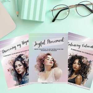 Peut inclure: Trois t&eacute;l&eacute;chargements num&eacute;riques roses, bleus et violets avec des arri&egrave;re-plans aquarelle et des illustrations de femmes. Les titres sont "Discovering my thigai", "Joyful Movement" et "Embracing Vulnerability".