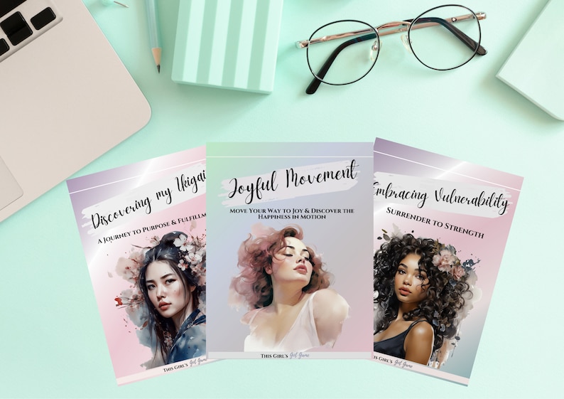 Peut inclure: Trois t&eacute;l&eacute;chargements num&eacute;riques roses, bleus et violets avec des arri&egrave;re-plans aquarelle et des illustrations de femmes. Les titres sont "Discovering my thigai", "Joyful Movement" et "Embracing Vulnerability".