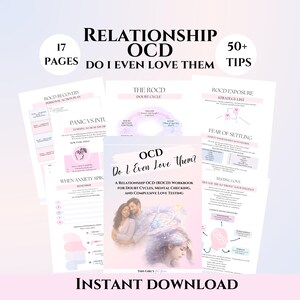 May include: A workbook titled "OCD Do I Even Love Them?" with a cover featuring a couple and a woman with a thought bubble. The workbook is for relationship OCD, doubt cycles, mental checking, and compulsive love testing. The image also includes pages with text and graphics.