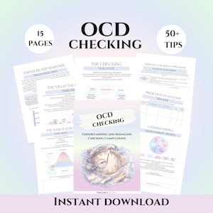 May include: A digital download titled "OCD Checking" with 15 pages and over 50 tips. The cover features a clock and the text "Understanding and Managing Checking Compulsions." Other pages include information on ERP, the OCD cycle, and action plans.