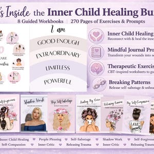 Pu&ograve; includere: Una grafica viola che promuove il "Inner Child Healing Bundle" con 8 quaderni di lavoro e 270 pagine di esercizi. L'immagine include illustrazioni, testo e copertine di libri con titoli come "My Inner Child" e "Self-Forgiveness."