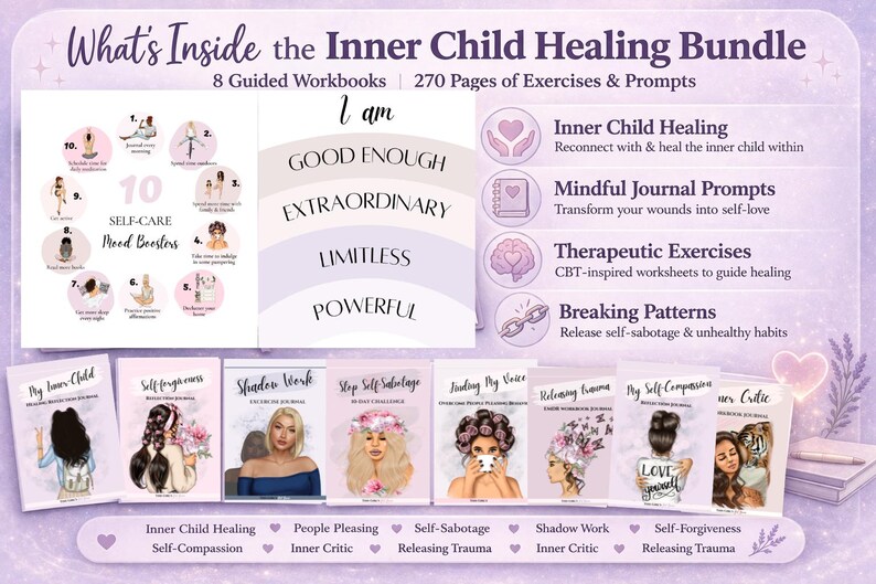 Pu&ograve; includere: Una grafica viola che promuove il "Inner Child Healing Bundle" con 8 quaderni di lavoro e 270 pagine di esercizi. L'immagine include illustrazioni, testo e copertine di libri con titoli come "My Inner Child" e "Self-Forgiveness."