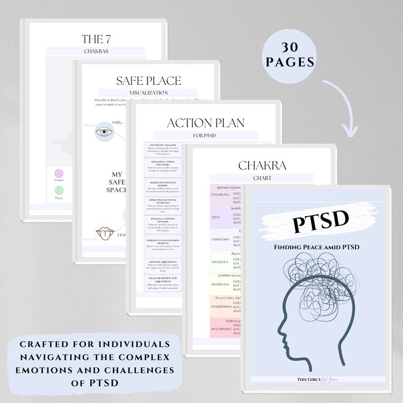 K&ouml;nnte beinhalten: Ein 30-seitiges druckbares Arbeitsbuch mit dem Titel "Finding Peace Amid PTSD" mit einer blau-grauen Illustration eines Kopfes mit verworrenen Linien. Das Arbeitsbuch soll Einzelpersonen dabei helfen, die komplexen Emotionen und Herausforderungen von PTSD zu bew&auml;ltigen. Der Text "This Girl's Got Grace" befindet sich am unteren Rand der Seite.