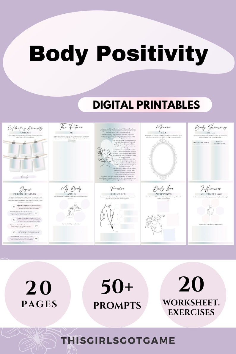 Body Positivity Printable Body image Workbook Journal Body acceptance Self-worth journaling female Identity self-love worksheets self-worth CBT