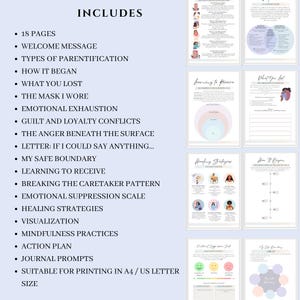 May include: A digital download featuring a self-help workbook with 18 pages. The workbook includes sections on emotional exhaustion, healing strategies, and mindfulness practices. The text includes "INCLUDES" and a list of topics. Suitable for A4/US letter size printing.