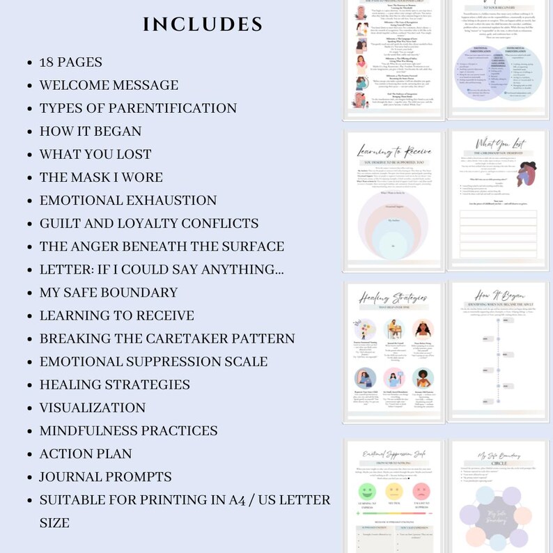 May include: A digital download featuring a self-help workbook with 18 pages. The workbook includes sections on emotional exhaustion, healing strategies, and mindfulness practices. The text includes "INCLUDES" and a list of topics. Suitable for A4/US letter size printing.