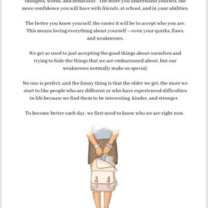 May include: A motivational quote about understanding yourself and accepting your flaws and weaknesses. The quote is written in white text on a pink background. An illustration of a person with a backpack is shown at the bottom of the image.