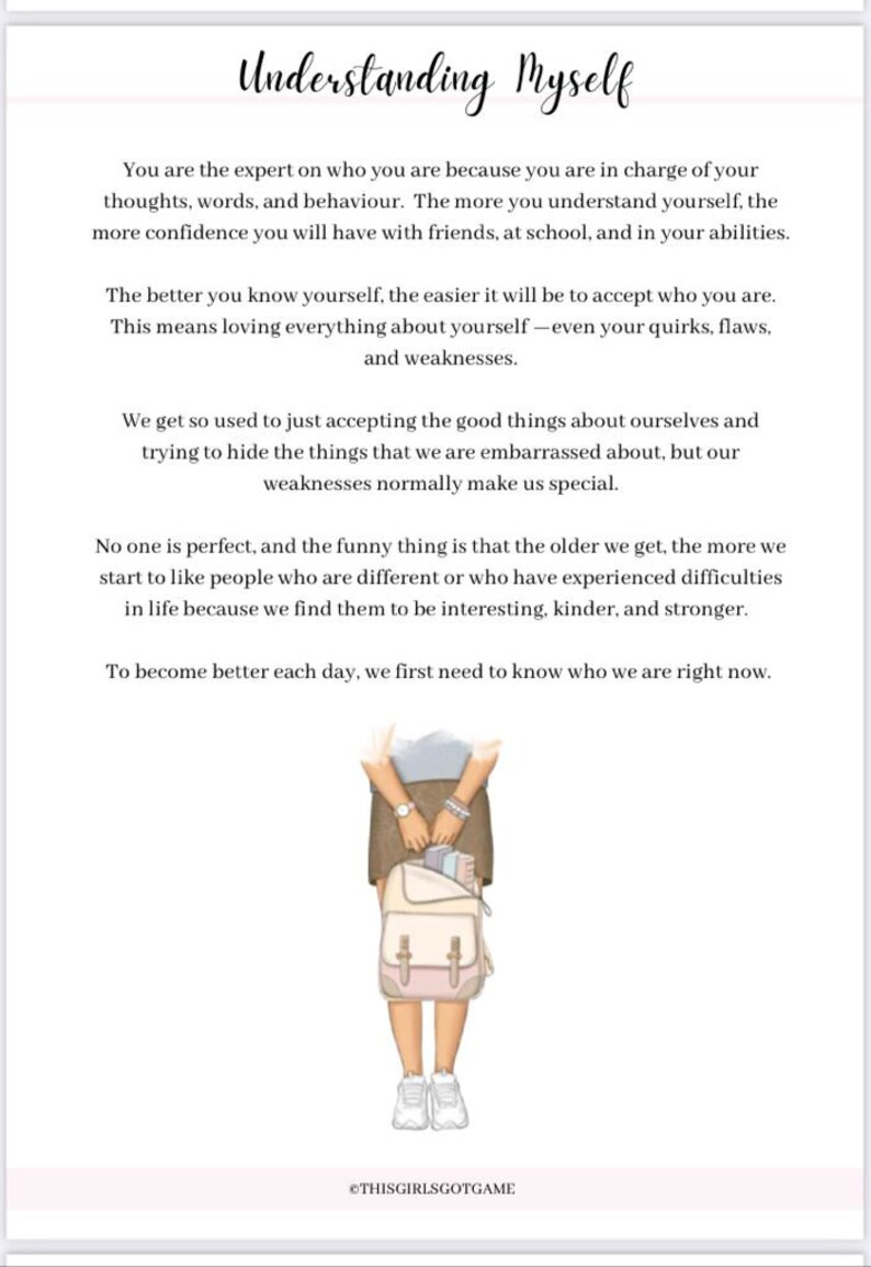 May include: A motivational quote about understanding yourself and accepting your flaws and weaknesses. The quote is written in white text on a pink background. An illustration of a person with a backpack is shown at the bottom of the image.