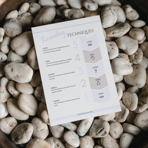 May include: A white card with the title "Grounding Techniques" and a list of five grounding techniques. The techniques are numbered 1 through 5 and include: Taste, Smell, Listen, Feel, and Look. Each technique has a corresponding icon next to it. The card is lying on a bed of white rocks.