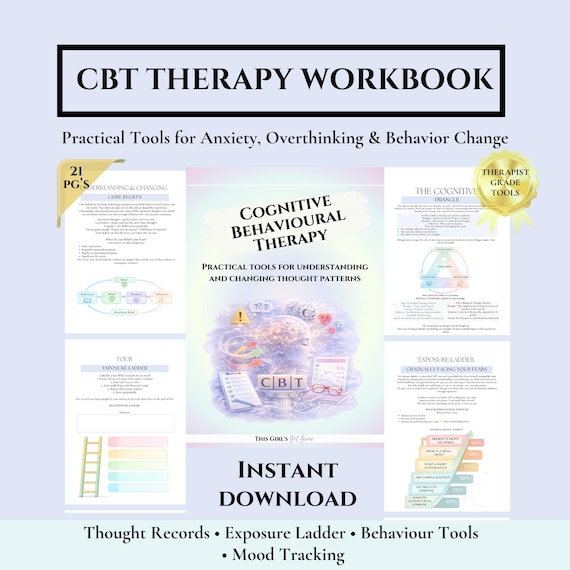 CBT Workbook Cognitive Behavioral Therapy Worksheets | Thought Record Cognitive Distortions Core Beliefs | Therapist Resource Digital PDF