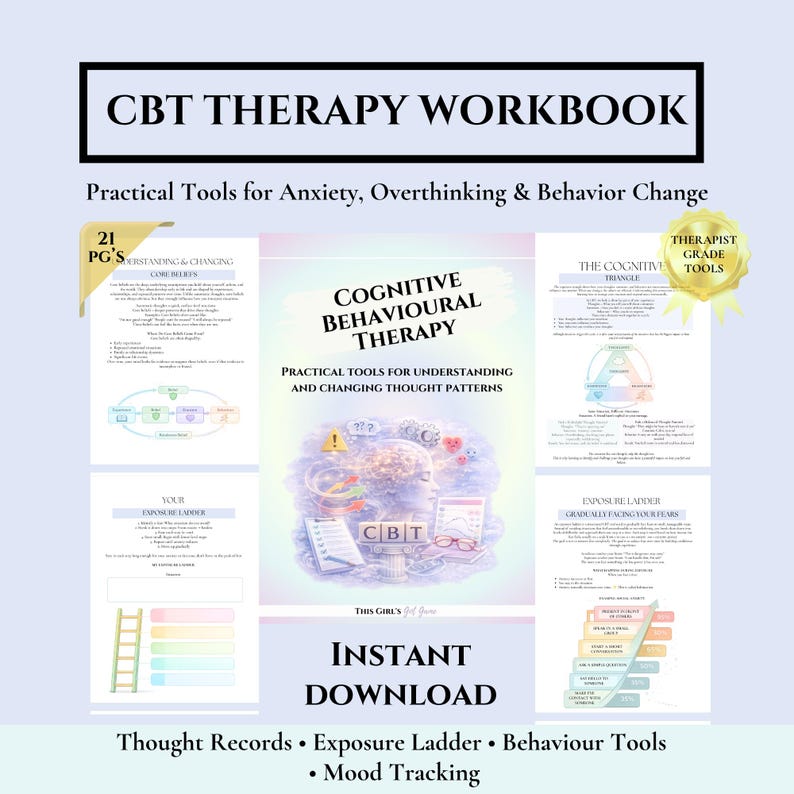 CBT Workbook Cognitive Behavioral Therapy Worksheets | Thought Record Cognitive Distortions Core Beliefs | Therapist Resource Digital PDF