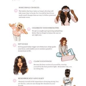 Op de afbeelding: Een roze en witte ge&iuml;llustreerde gids met tips over hoe je zelfsabotagedrang kunt ontgrendelen. De gids bevat tien tips met illustraties van vrouwen in verschillende poses. De tips zijn: Kleine veranderingen aanbrengen, Je sterke punten vieren, Doelen stellen, Je kracht opeisen en Onthoud dat zelfliefde de sleutel is.
