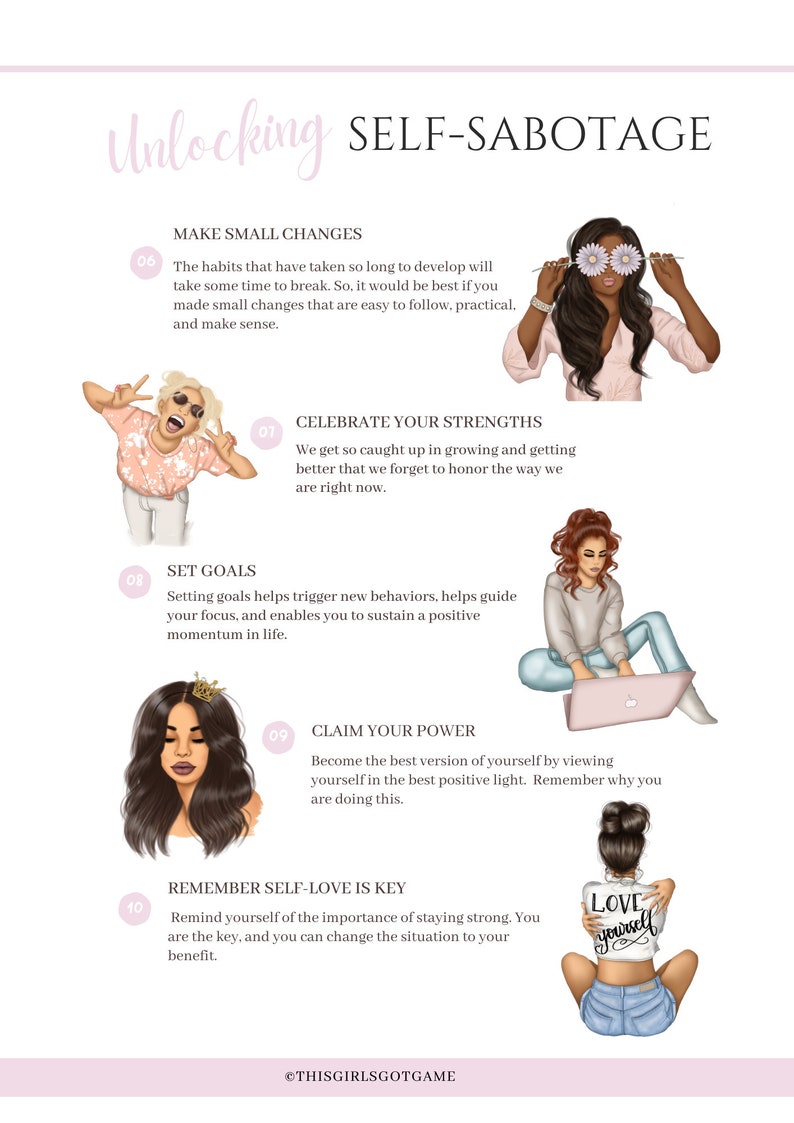 Op de afbeelding: Een roze en witte ge&iuml;llustreerde gids met tips over hoe je zelfsabotagedrang kunt ontgrendelen. De gids bevat tien tips met illustraties van vrouwen in verschillende poses. De tips zijn: Kleine veranderingen aanbrengen, Je sterke punten vieren, Doelen stellen, Je kracht opeisen en Onthoud dat zelfliefde de sleutel is.