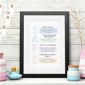 May include: A printable poster with a black frame and a white background. The poster features four tips for managing social anxiety: Start Small, Acknowledge Progress, Focus Outward, and Exercise Coping Skills. Each tip is accompanied by a colourful abstract design.