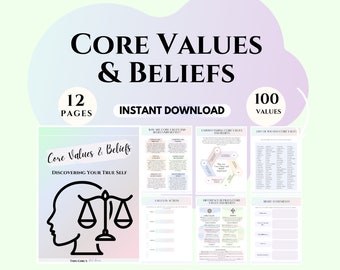 Core beliefs and values worksheets CBT workbook Values Exploration therapist tools counseling worksheets Self-Identity DBT EMDR therapy info