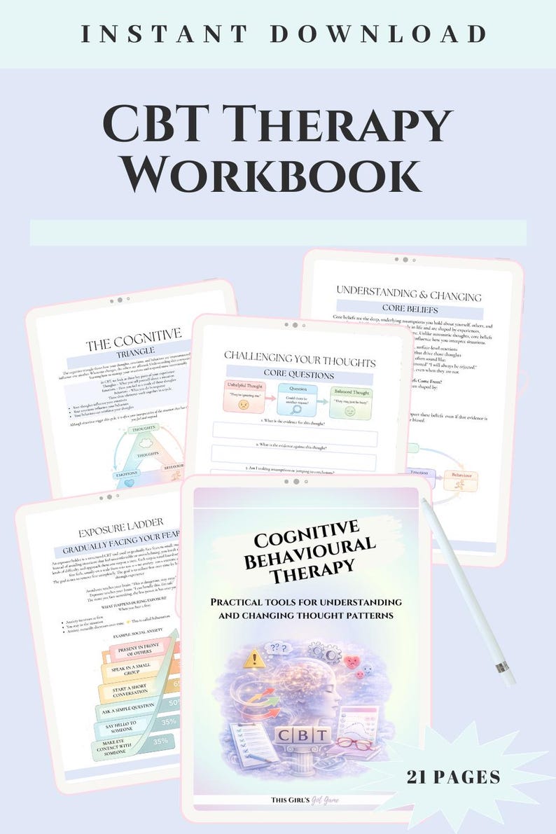 CBT Workbook Cognitive Behavioral Therapy Worksheets | Thought Record Cognitive Distortions Core Beliefs | Therapist Resource Digital PDF