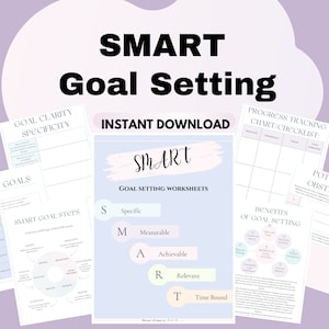 May include: A collection of printable worksheets for SMART goal setting, featuring the acronym SMART: Specific, Measurable, Achievable, Relevant, and Time-Bound. The worksheets include goal clarity, progress tracking, and benefits of goal setting.