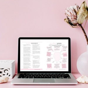 May include: A laptop computer open to a document with the title "Brain Dump JOHN" and a diagram with text bubbles. The laptop is on a pink surface with a white box, seashells, and a vase with a dried flower.