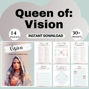 May include: A printable digital download for goal setting and manifestation. The cover features a woman with a colorful head scarf and the text "Queen of: Vision" and "Vision Goals and Manifestation".