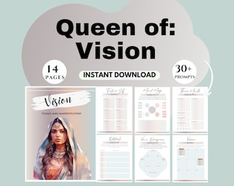 May include: A printable digital download for goal setting and manifestation. The cover features a woman with a colorful head scarf and the text "Queen of: Vision" and "Vision Goals and Manifestation".