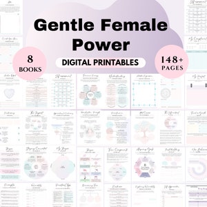 Może przedstawiać: Zestaw 8 cyfrowych książek do wydrukowania, zawierający ponad 148 stron, zatytułowany "Gentle Female Power". Książki mają pomóc kobietom w rozwijaniu wewnętrznej siły i mocy. Okładka ma różowo-białą kolorystykę z kwiatowym wzorem.