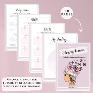 K&ouml;nnte beinhalten: Ein rosa-wei&szlig;es Arbeitsbuch mit dem Titel "Releasing Trauma" und dem Text "EMDR Workbook Journal". Das Cover zeigt eine Frau mit einer Blumenkrone und Schmetterlingen. Der Text "Unlock a Brighter Future by Releasing the Weight of Past Traumas" befindet sich am unteren Rand des Bildes.