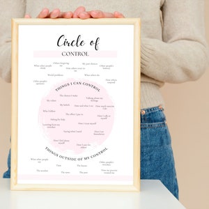 Peut inclure: Une affiche imprimable avec un cercle rose au centre et du texte qui dit "Cercle de contr&ocirc;le". L'affiche liste les choses que vous pouvez contr&ocirc;ler et les choses qui sont hors de votre contr&ocirc;le.