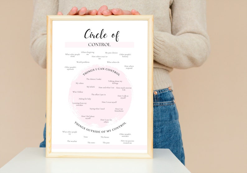 Peut inclure: Une affiche imprimable avec un cercle rose au centre et du texte qui dit "Cercle de contr&ocirc;le". L'affiche liste les choses que vous pouvez contr&ocirc;ler et les choses qui sont hors de votre contr&ocirc;le.