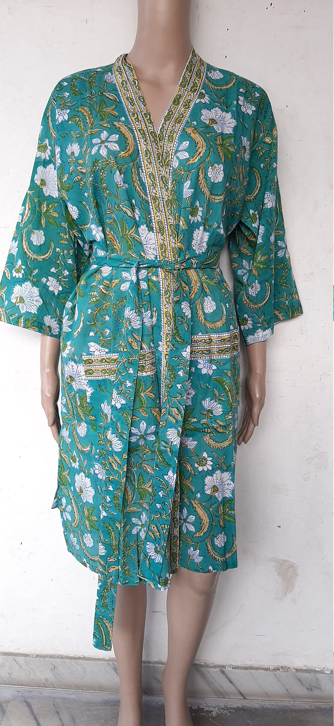 Indian Cotton Block Print Bath Robe Short Kimono For | Etsy
