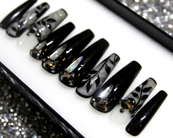 Mystic Black Glue On Nails Coffin Fake Nails Set | Etsy