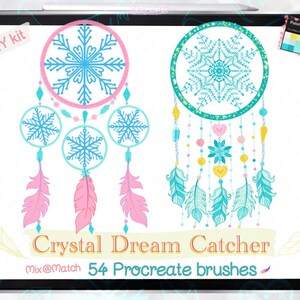 May include: A digital illustration of two dreamcatchers with snowflake designs. The dreamcatchers are decorated with feathers, beads, and crystals. The text "Crystal Dream Catcher Mix@Match 54 Procreate brushes" is displayed below the dreamcatchers.