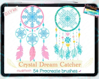 Procreate Brushes Dream Catcher Crystal Snowflake DIY builder, winter, Handdrawn, Mandala, Feather, Boho, White Christmas,free color palette