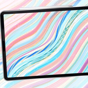 May include: A tablet computer with a colorful abstract background of wavy lines in shades of pink, blue, and gold. The background is reminiscent of a watercolor painting.