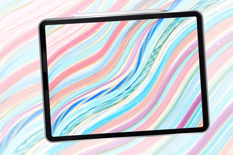 May include: A tablet computer with a colorful abstract background of wavy lines in shades of pink, blue, and gold. The background is reminiscent of a watercolor painting.