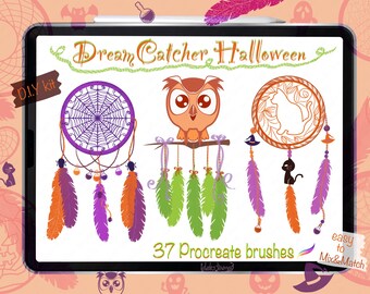 Procreate Brushes Dream Catcher Halloween DIY kit/Spider web/Cat/Bat/Spider/Ghost/Owl/Feather/Pumpkin/Boho/Mix&Match/free color palette