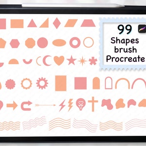 May include: A digital tablet screen displaying 99 different shapes in a Procreate brush set. The shapes are in various colors, including pink, orange, and white. The text "99 Shapes brush Procreate" is displayed on the screen.