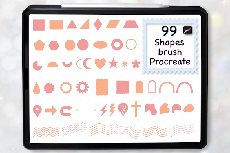 May include: A digital tablet screen displaying 99 different shapes in a Procreate brush set. The shapes are in various colors, including pink, orange, and white. The text "99 Shapes brush Procreate" is displayed on the screen.