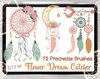 Procreate Brush Dream Catcher Flower DIY builder, Watercolor, Hand drawn, Feather, Arrow, Floral, Boho, Spring, Gift Idea,free color palette