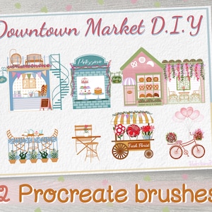 Pędzle Procreate Stamp Cozy Downtown Market builder DIY, Architektura, Dom, Dom, Kiosk, Sklep, Sklep, Kwiat, Piekarnia, Kawa, darmowa paleta kolorów