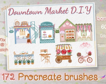 Procreate brushes Stamp Cozy Downtown Market builder DIY, Architecture,Home,House,Kiosk,Store,Shop,Flower,Bakery,Coffee,free color palette